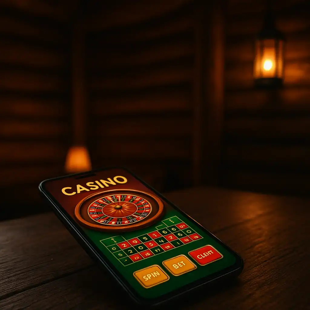 Smartphone mit Casino-Oberfläche vor Holzbalken-Hintergrund